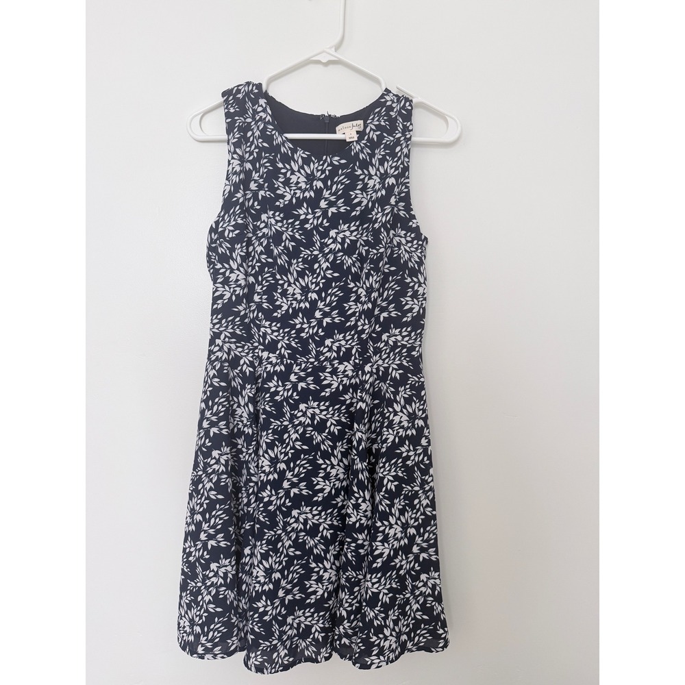 Maison Jules Navy Blue White Leaf Print Fit Flare Dress Sleeveless Size 4